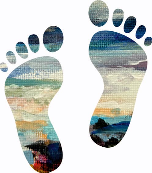 Watercolor footprints with coastal scenery